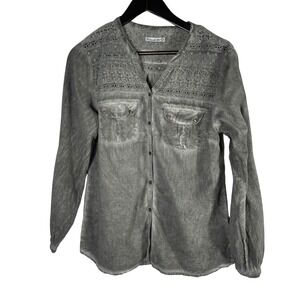 Amanda Blu Gray Lace Yoke Button Front‎ Shirt Women's 100% Cotton Long Sleeve S